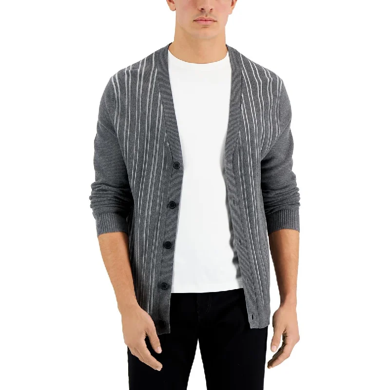 Alfani Mens Stripe V-Neck Cardigan Sweater Chenille Fabric Brocade Fabric Lace Fabric
