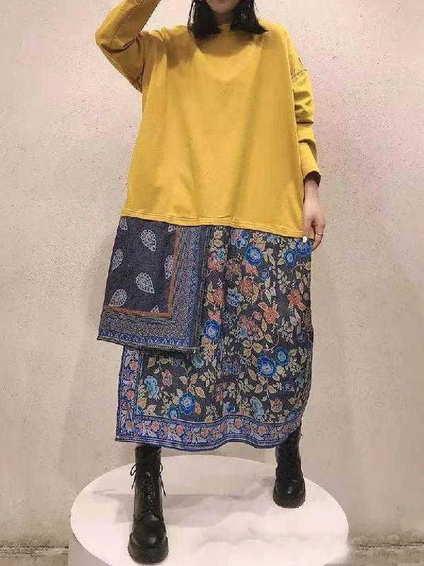 All Your Memories Ethnic Floral Print Midi Sweatshirt Dress Zip Hoodie Drawstring Kangaroo Pocket