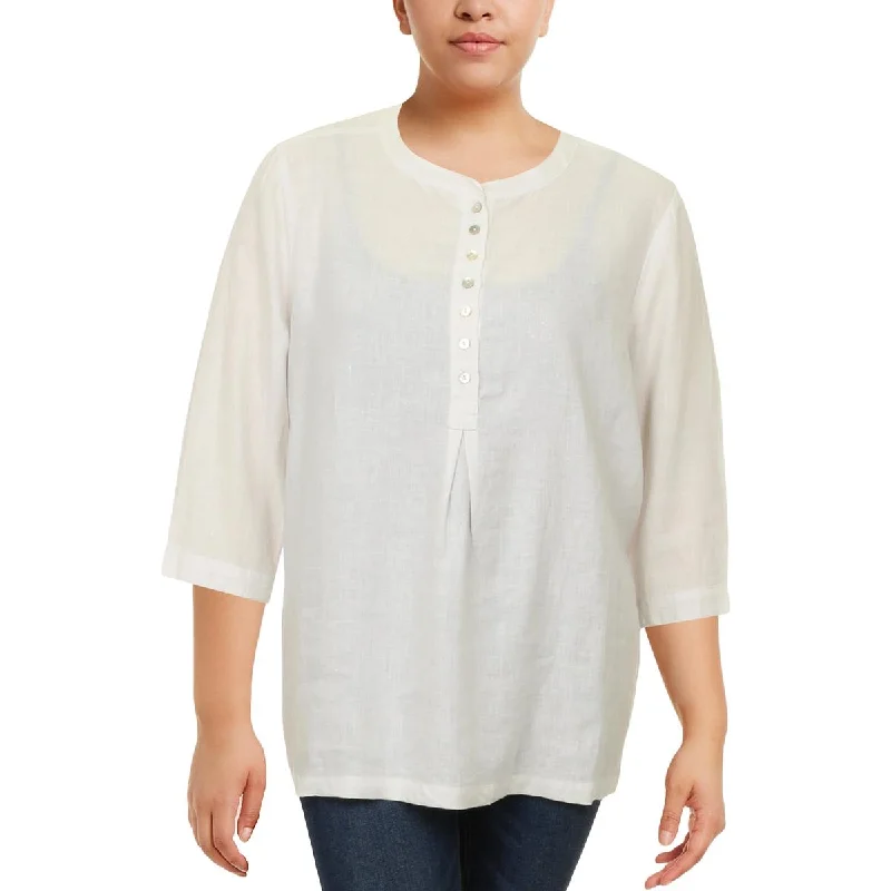 Allen Allen Womens Plus Linen Henley Pullover Top Cowl Neck Pullover