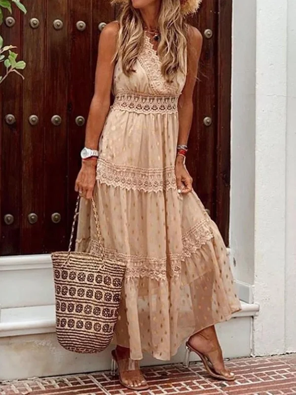 Ankle-Length Sleeveless V-Neck Pullover Polka Dots Dress High Neck Pullover