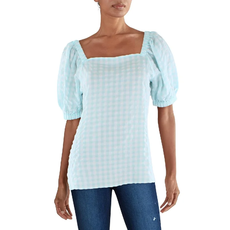 Anne Klein Womens Checkered Square-Neck Pullover Top Chunky Knit Pullover