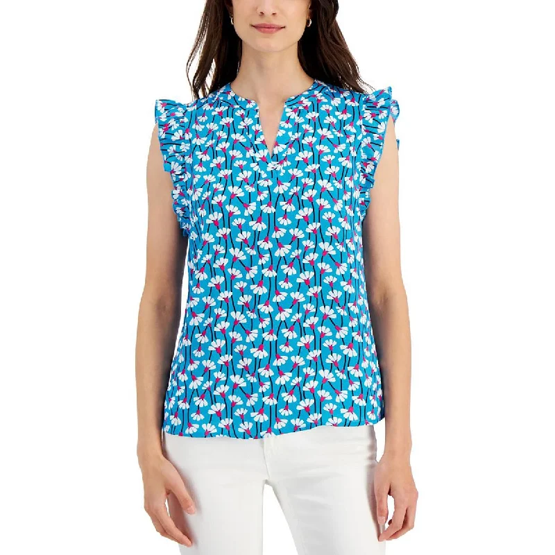Anne Klein Womens Floral Ruffle Sleeve Pullover Top Three Quarter Sleeve