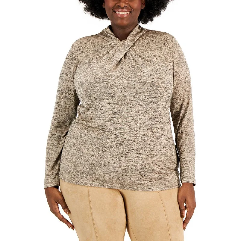 Anne Klein Womens Plus Glitter Twist-Neck Pullover Top Short Sleeve Top