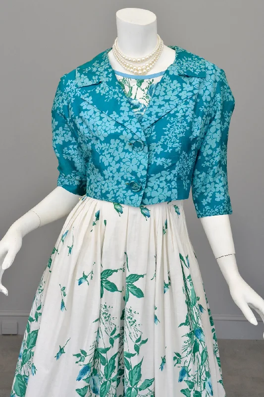 Aqua Blue Retro Floral Print Cropped Blazer Fashion Women's Blazer