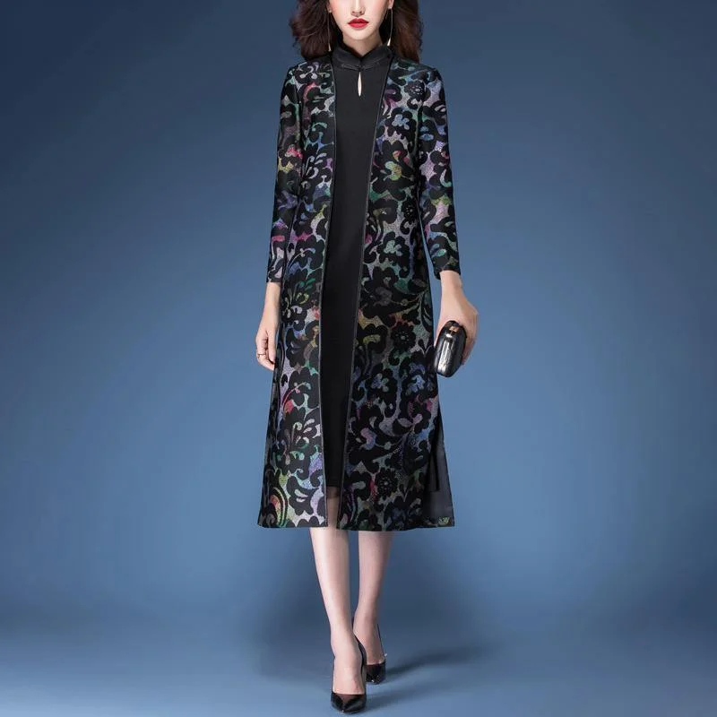 autumn new black prints cotton blended trench coats with sleeveless dress two ieces Knit Longline Duster autumn new black prints cotton blended trench coats with sleeveless dress two ieces Knit Longline Duster