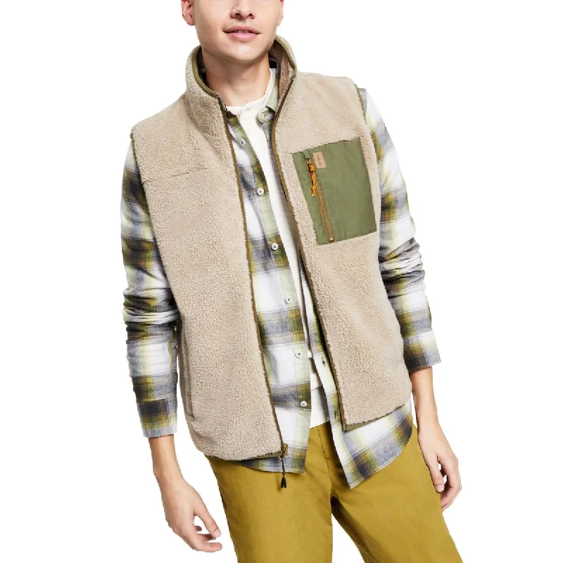 BASS OUTDOOR Mens Faux Fur Warm Outerwear Vest Plaid Checkered Coat
