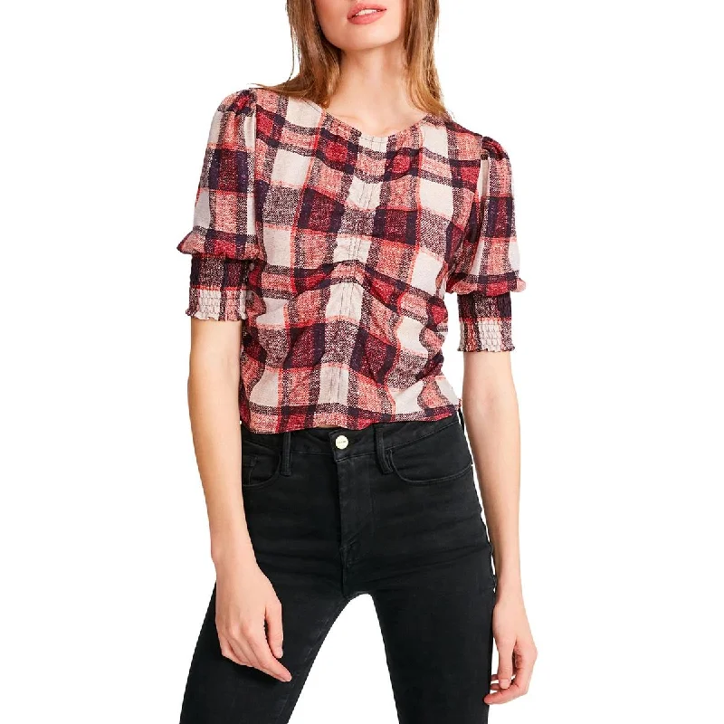 BB Dakota by Steve Madden Womens Idea Plaid Ruched Pullover Top Tapered Sleeve Pullover