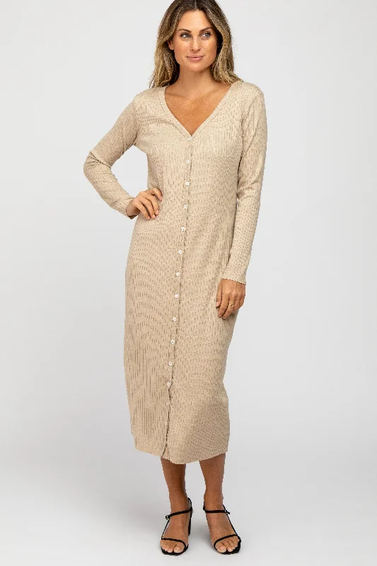 Beige Ribbed Button Front Midi Cardigan Dress Houndstooth Herringbone Solid