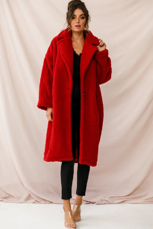 Berlin Notched Lapel Longline Fleece Coat Red A-Line Swing Coat
