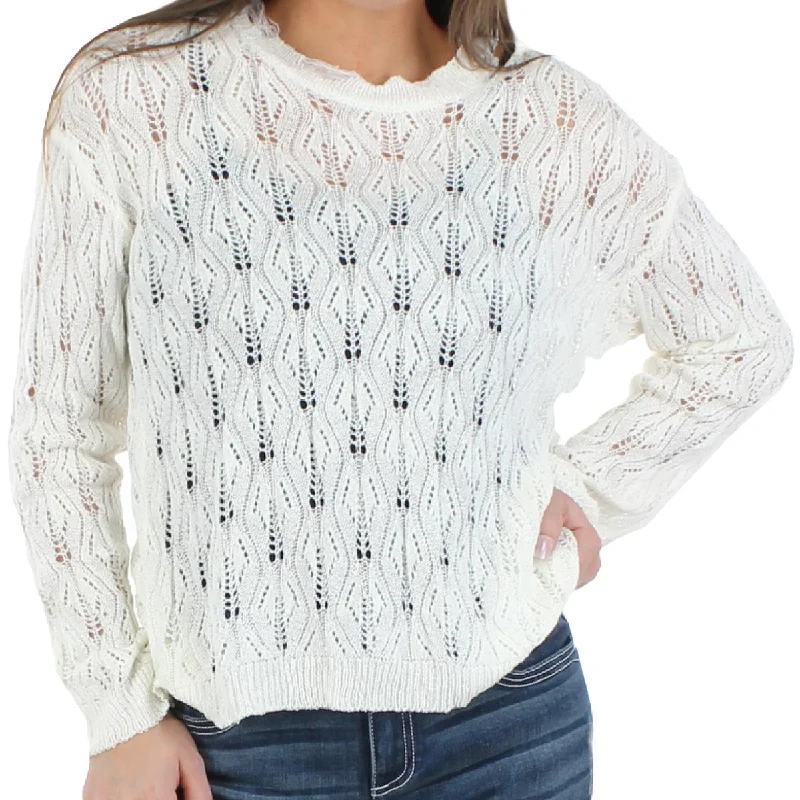 Beulah Womens Juniors Open Stitch Long Sleeves Pullover Sweater Besom Neck Pullover