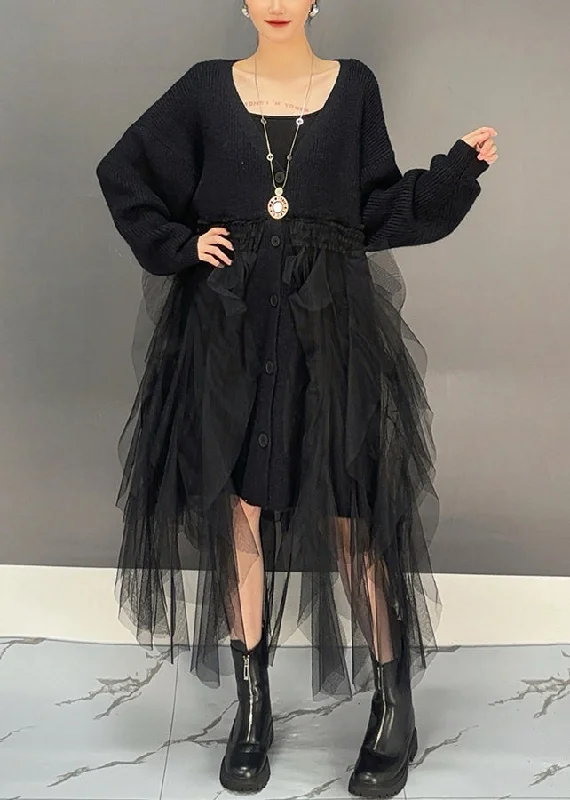 Black Button Patchwork Knit Cardigan Dresses V Neck Winter Seamless Knitted Crochet