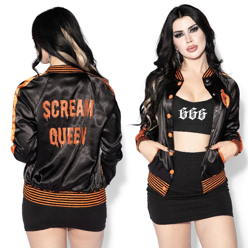Black & Orange Scream Queen Satin Bomber Jacket Nylon Fabric Polyester Fabric Spandex Fabric