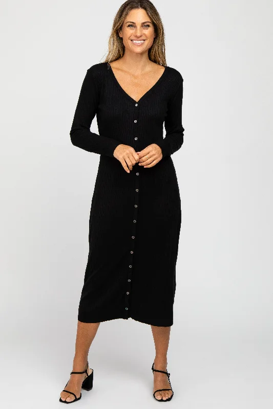 Black Ribbed Button Front Midi Cardigan Dress Polka Dot Checkered Tartan