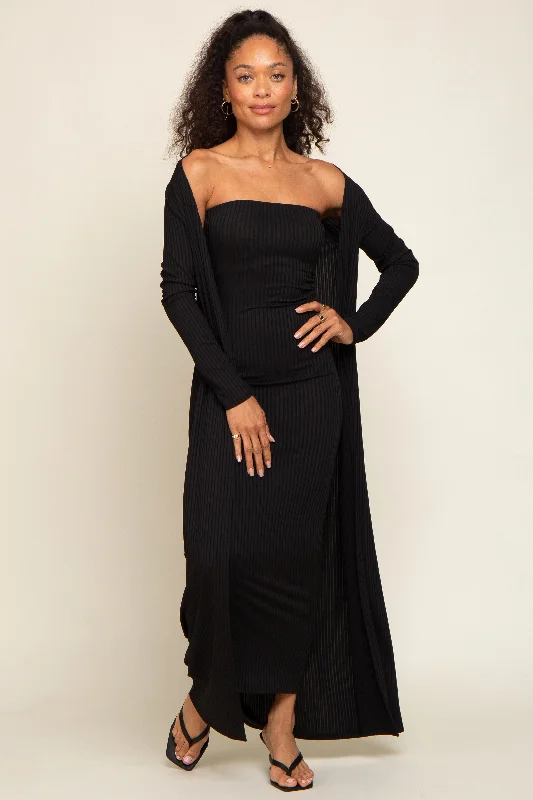 Black Ribbed Sleeveless Dress Cardigan Set Notch Collar Peter Pan Collar Cowl Neck