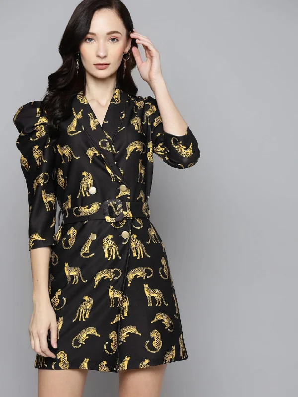 Black Scuba Cheetah Blazer Dress Silk Women's Blazer