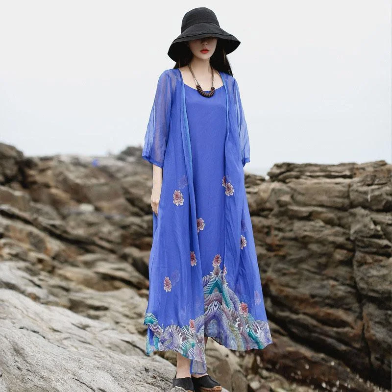 Bohemian cardigan half sleeve Robes Photography blue print Dress summer Silk Blend Satin Velvet