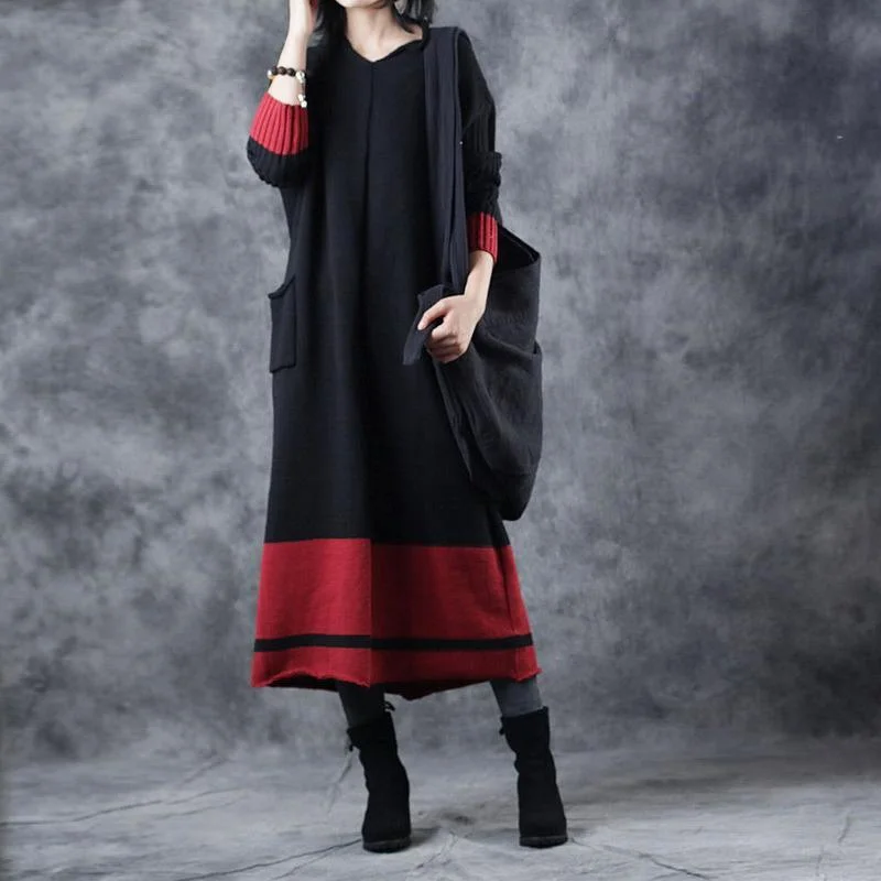 Boutique Black Knit Dresses Plus Size V Neck Pullover Sweater Boutique Patchwork Winter Dress Three Quarter Sleeve