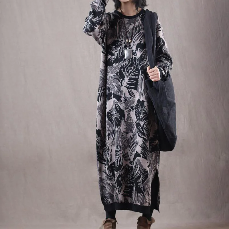 Boutique Black Print Sweater Dress Plus Size Clothing O Neck Winter Dress Boutique Side Open Pullover Cold Shoulder Design