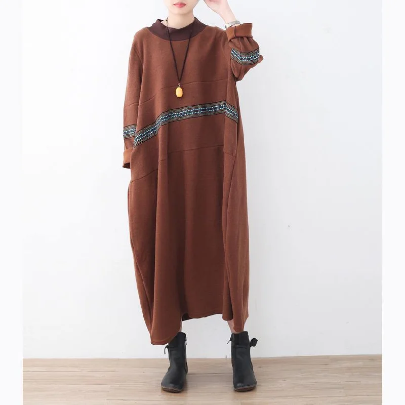 Boutique Brown Sweater Dress Fall Fashion Patchwork Pullover High Neck Winter Dress Hooded Pullover Sweater
