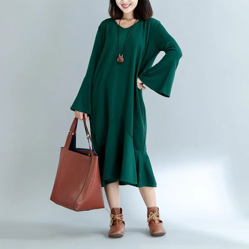 boutique green knit dresses oversized trumpet sleeves pullover women ruffles dress Spaghetti Sleeve Top