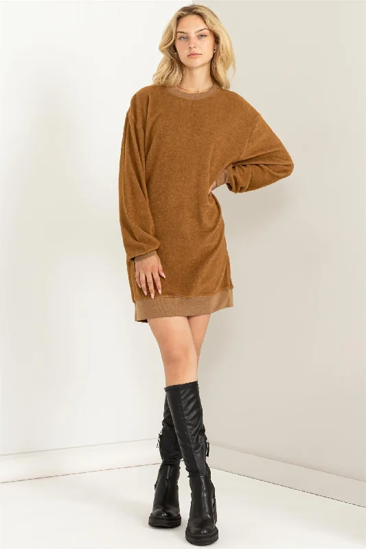 Brown Fleece Oversized Sweatshirt Mini Dress Hoodie with Monochrome Minimalist Simple