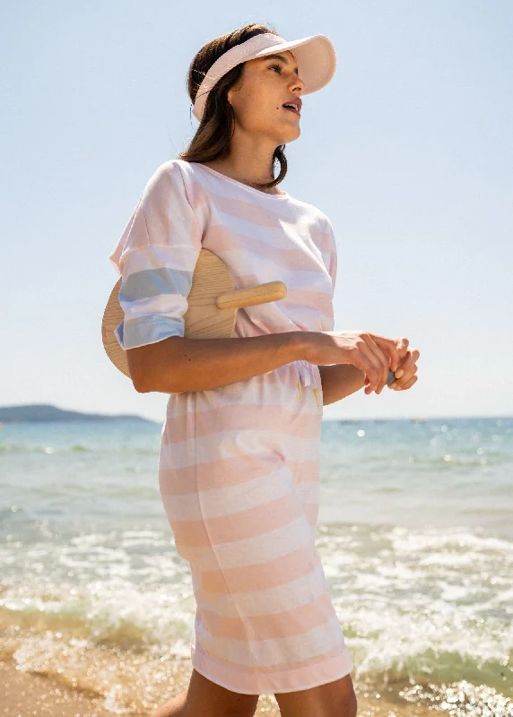 CARANTEC - Cotton Sweatshirt Dress with Short Sleeves (WHITE / PALE PINK / LIGHT BLUE) Hoodie with Hem Elastic Stretchable Comfortable