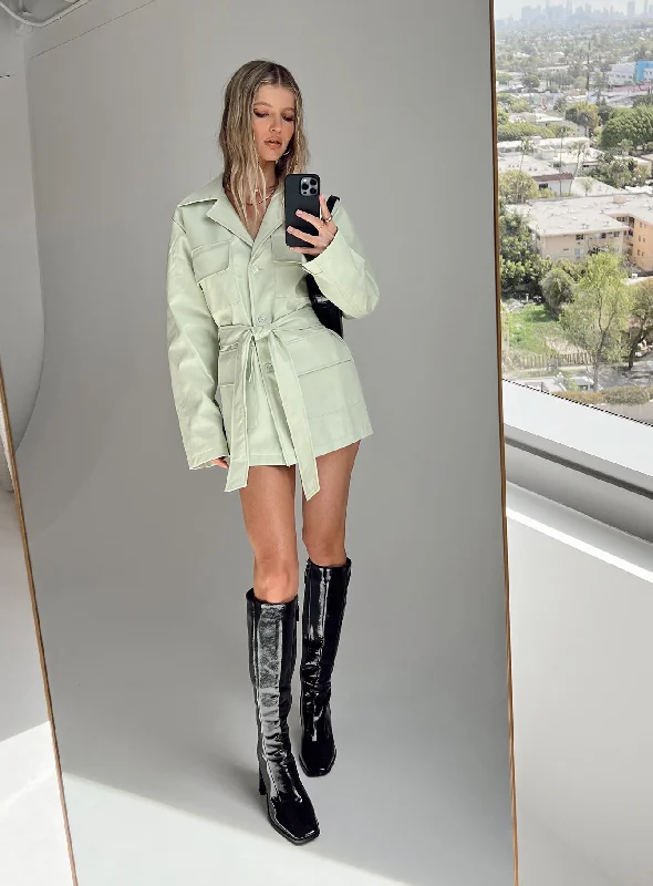 Carter PU Coat Green Puff Sleeve Overcoat