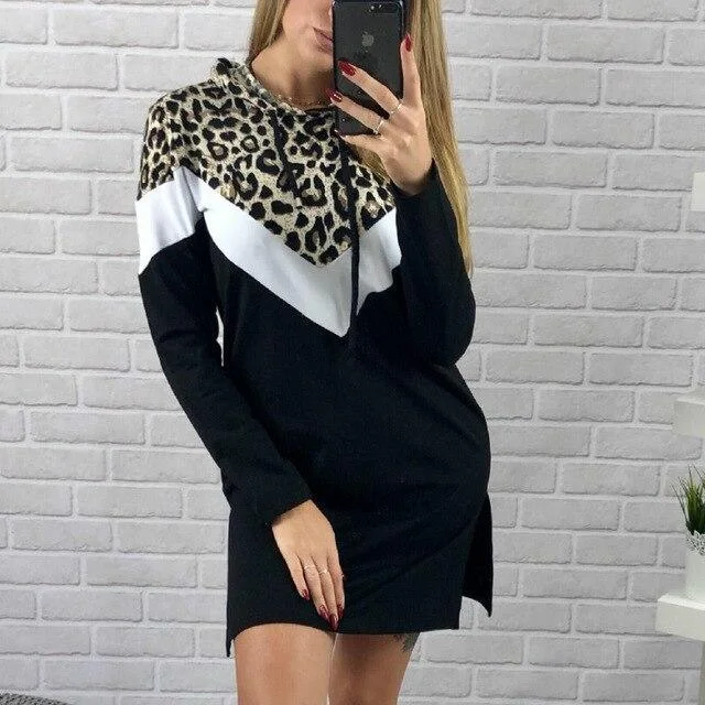 FashionSierra - Casual Long Sleeve Women Dress Fall Clothing Leopard Patchwork Long Sleeve Women Hoodies Mini Dress Hoodie with Slim Fit Tailored Modern