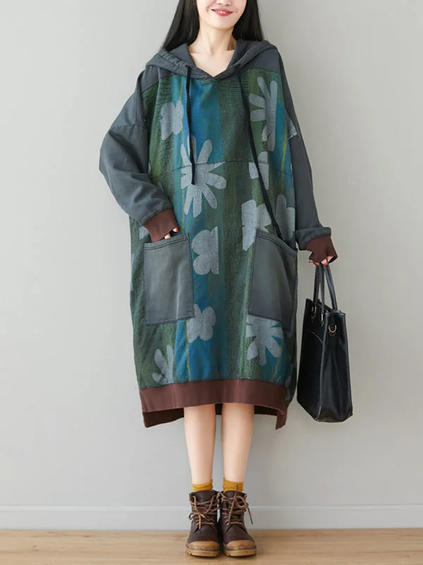 Casual Loose Sweatshirt Dress with Print Hoodie with Hem Contrast Bold Stylish