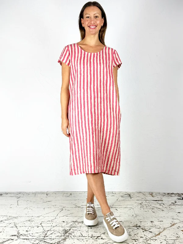 Chilli Stripe Linen T-Shirt Dress Graphic T-Shirt Round Neck Polyester