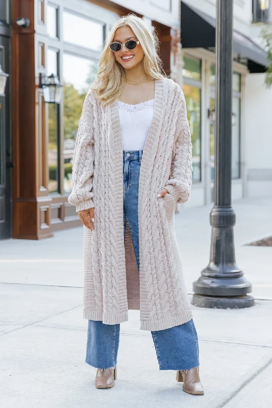 Chunky Cable Knit Duster Cardigan - Light Beige Chenille Fabric Brocade Fabric Lace Fabric Chunky Cable Knit Duster Cardigan - Light Beige Chenille Fabric Brocade Fabric Lace Fabric