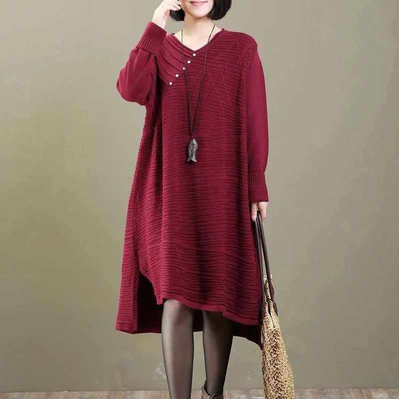 Chunky Red Buttons Dotted Knit Dress Oversized Pullover Vintage Long Sweaters Fitted Ribbed Sweater