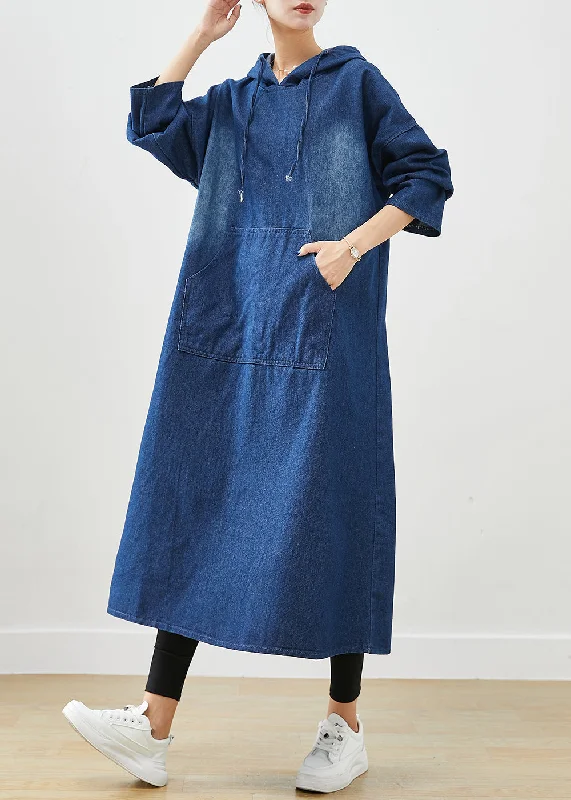 Classy Navy Hooded Oversized Denim Sweatshirt Dress Fall Hoodie with Zipper Versatile Modern