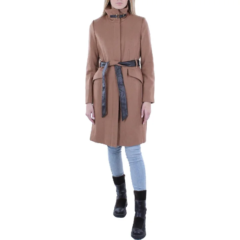 Cole Haan Womens Wool Blend Faux Leather Trim Wrap Coat Fashionable Blazer Coat