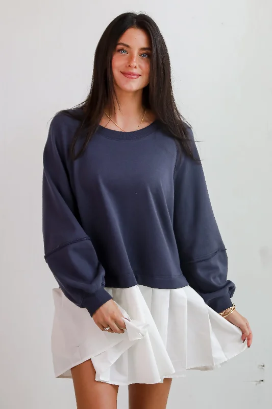 Contemporary Comfort Navy Sweatshirt Dress Hoodie with Side Slits Relaxed Casual