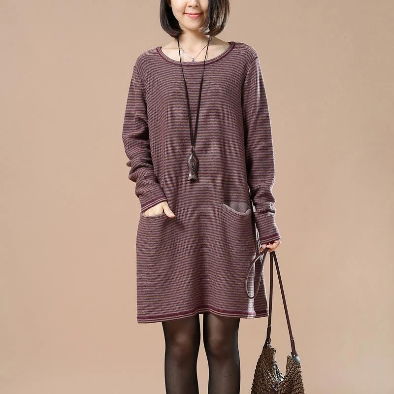 cozy ruby striped sweater dress plussize pullover women split pockets sweater Blouson Sleeve Pullover