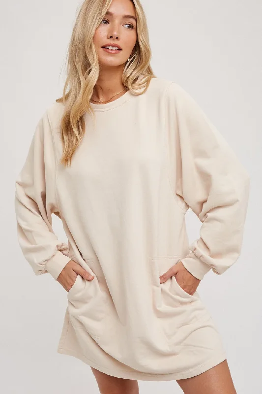 Cream Ultra Soft Sweatshirt Dress Hoodie with Metallic Shiny Futuristic