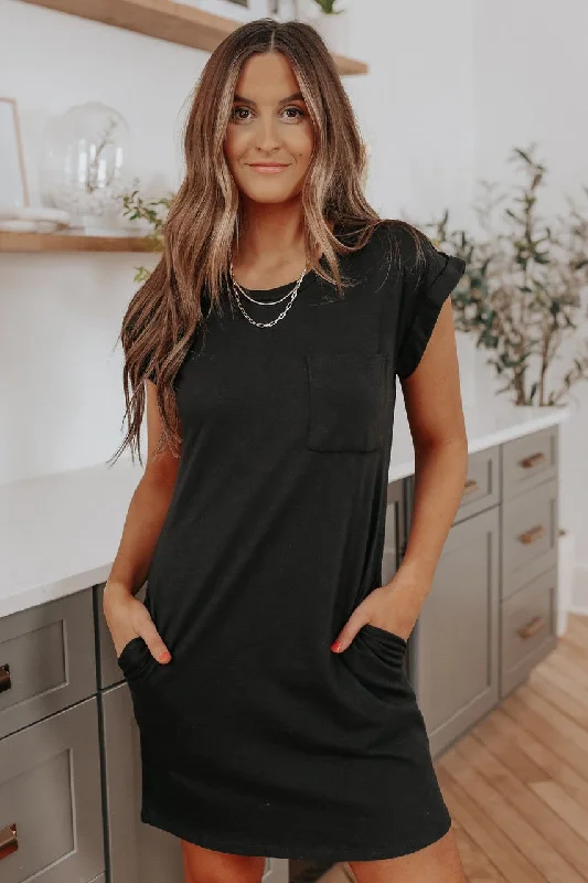 Cuffed Sleeve Black Pocket T-Shirt Dress Collared T-Shirt Boat Neck A-Line