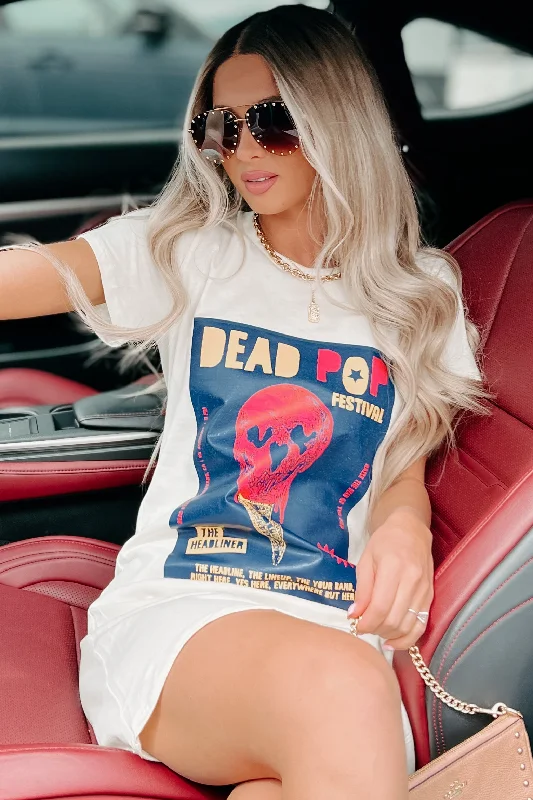 "Dead Pop Festival" Skull Poster Graphic T-Shirt Dress (Cream) - Print On Demand Asymmetrical Pockets Print "Dead Pop Festival" Skull Poster Graphic T-Shirt Dress (Cream) - Print On Demand Asymmetrical Pockets Print