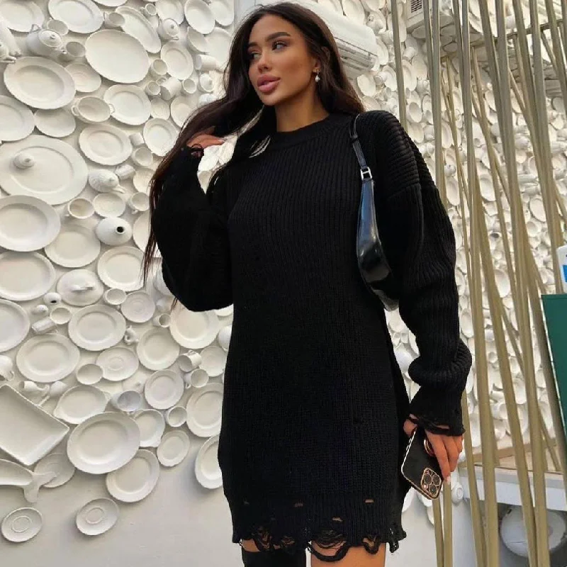 BerryBetty - Distressed Trim Pullover Sweater Mini Dress - Black Port Neck Pullover