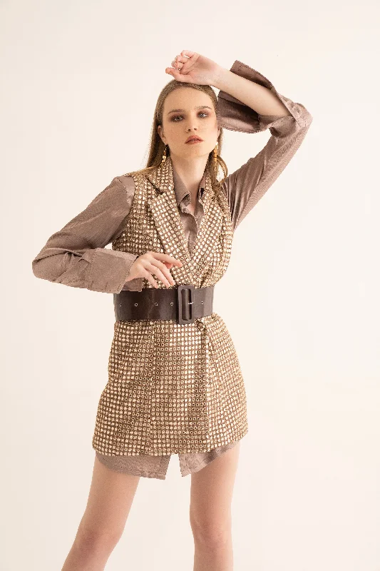 Dusty Rose Mirrorwork Sleeveless Blazer Dress Women's High-End Blazer