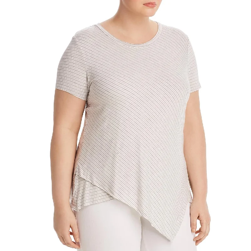 Elan Womens Asymmetric Hem Striped Pullover Top Crew Neck Wool