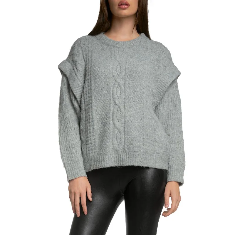 Elan Womens Cable Knit Drop Shoulder Pullover Sweater Tight Sleeve Top