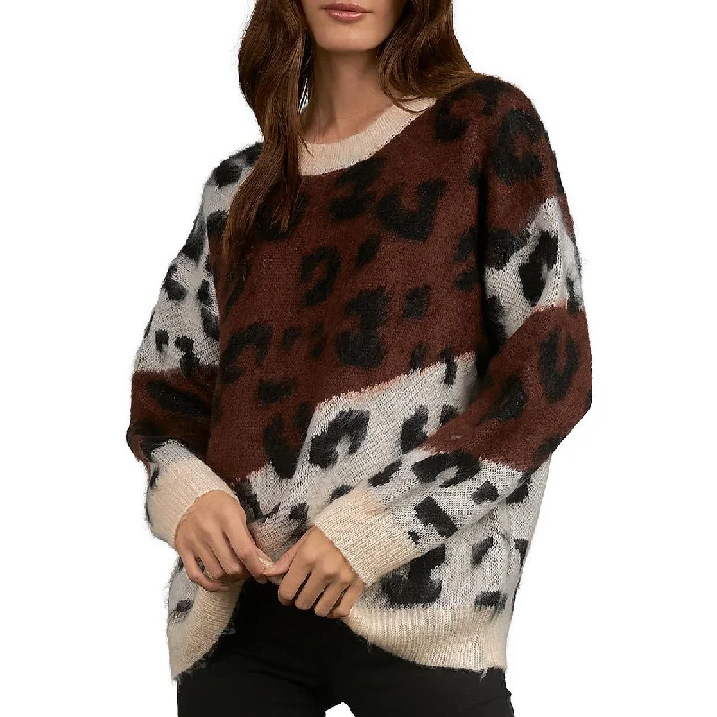 Elan Womens Leopard Print Crewneck Pullover Sweater One Shoulder Top