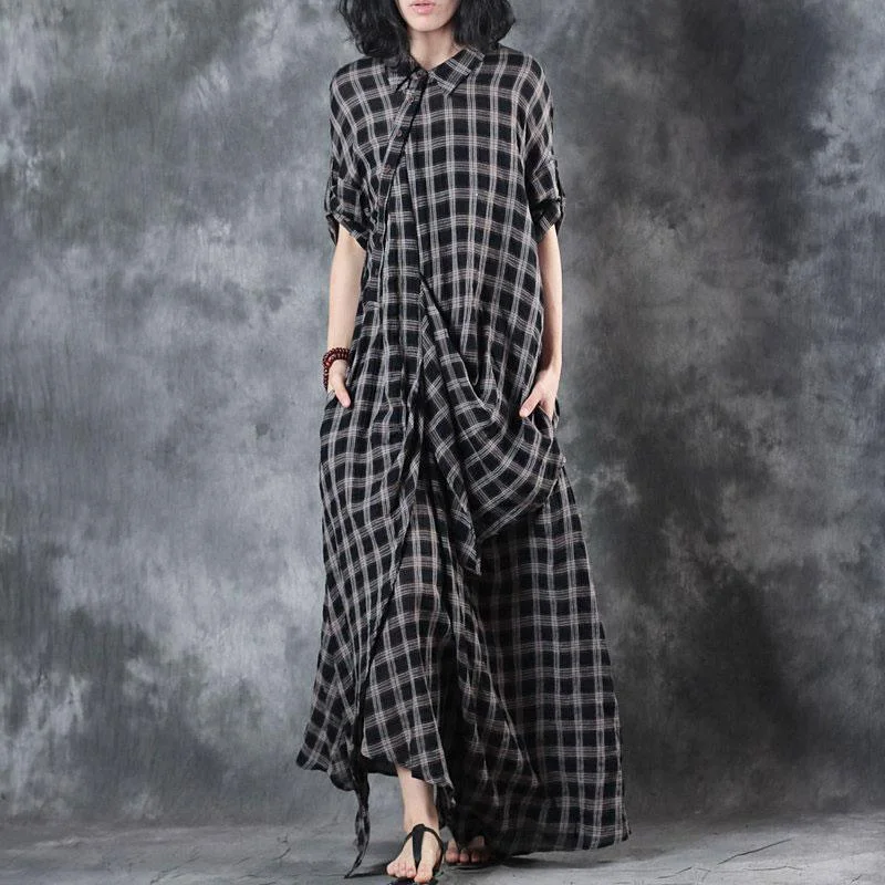 Elegant Linen Dresses Trendy Plus Size Polo Collar Retro Summer Women Pullover Plaid Dress Seamless Knit Pullover