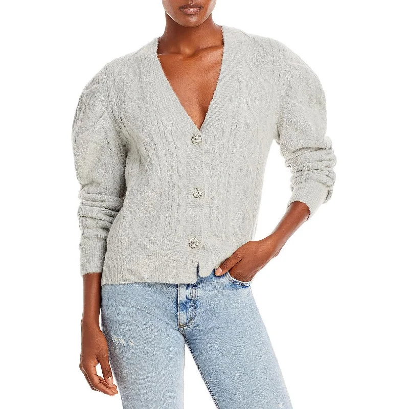 En Saison Womens Cable Knit Puff Sleeve Cardigan Sweater Rayon Fabric Velvet Fabric Corduroy Fabric