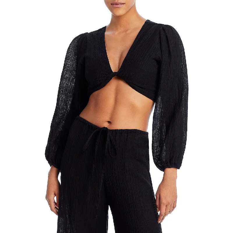 Faithfull the Brand Womens Linen Cropped Pullover Top Shirred Sleeve Feminine