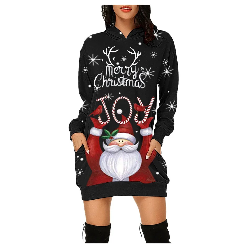 FashionSierra - Fashion Women's Dress Casual Merry Christmas Prints Bag Hip Pocket Long Sleeves Hoodies Sweatshirts Xmas Dresses With Pockets Hoodie with Tie-Dye Psychedelic Retro