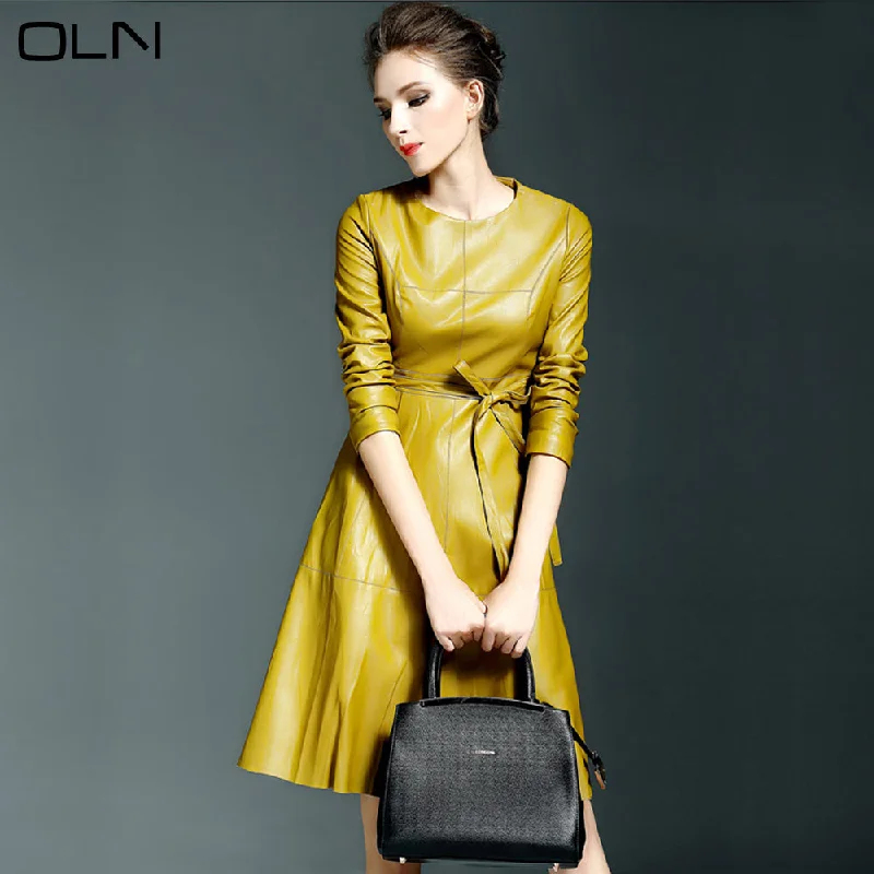 Fashion Yellow Black Pu Leather Dress Women Spring Leather Formal Bow Dresses Outerwear Long Sleeve Ladies Soft PU Dress Cozy Knitted Poncho Fashion Yellow Black Pu Leather Dress Women Spring Leather Formal Bow Dresses Outerwear Long Sleeve Ladies Soft PU Dress Cozy Knitted Poncho