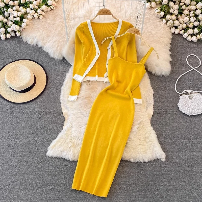 Fashionable v-neck long-sleeved knitted top cardigan two-piece suit mid-length dress S4238 Knit Fabric Woven Fabric Fleece Fabric Fashionable v-neck long-sleeved knitted top cardigan two-piece suit mid-length dress S4238 Knit Fabric Woven Fabric Fleece Fabric